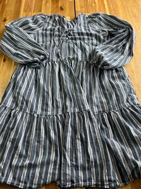 Old Navy Blue White Striped Peasant Dress Women's Medium Tiered Boho Cottagecore